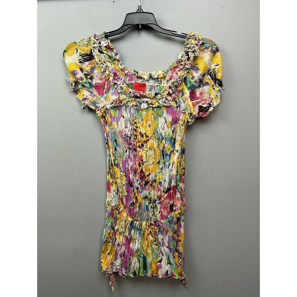 V Cristina Sheer Chiffon Blouse Womens Small Crinkle Floral Stretch Ruffle